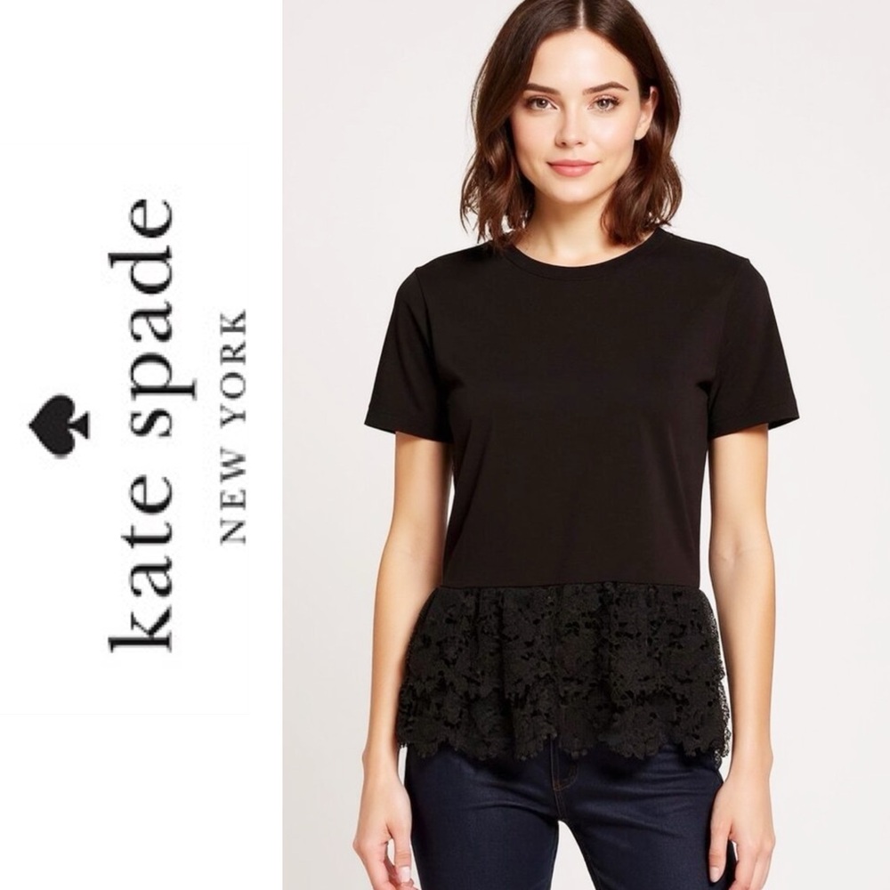 Kate Spade Broome Street Black Peplum Lace Short Sleeve Flounce Top Size Small